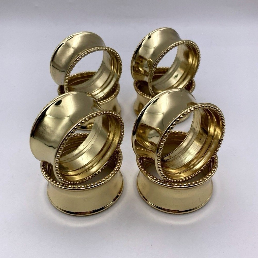 Set Of 8 Vintage 1970's Solid Brass Napkin Rings Heavy Gold Beaded Concave Rim